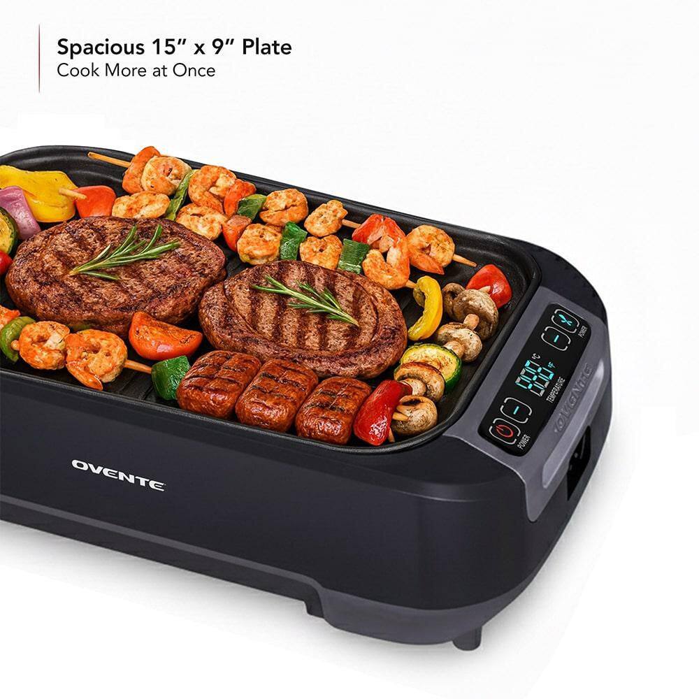OVENTE 1500W Electric Portable Smokeless Indoor Grill with Two Removable Non-Stick and Dishwasher Safe Plates, Black SGR85B