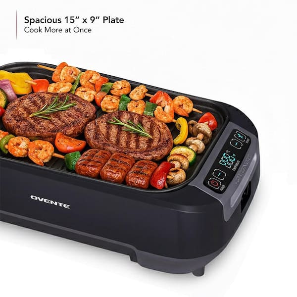 OVENTE 1500W Electric Portable Smokeless Indoor Grill with Two Removable Non-Stick and Dishwasher Safe Plates, Black SGR85B