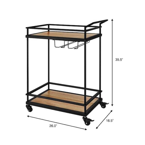 Black Metal Bar Cart with Natural Wood Shelves (26 in. W)