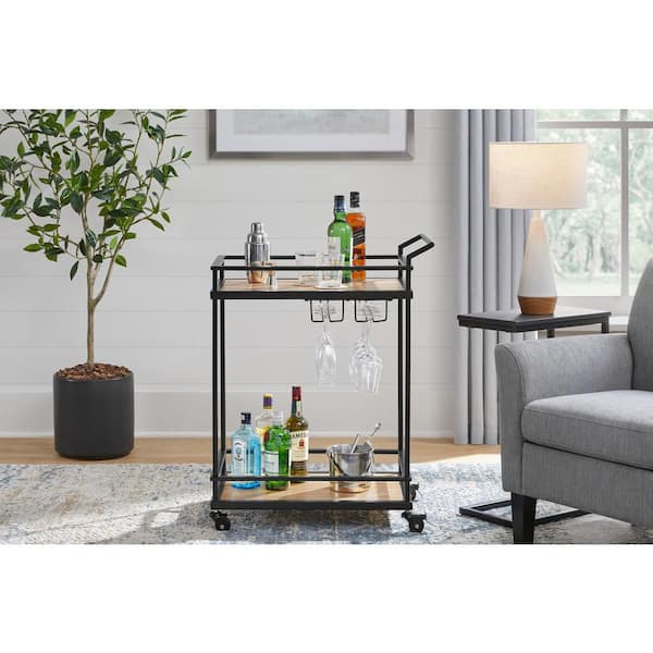 Black Metal Bar Cart with Natural Wood Shelves (26 in. W)