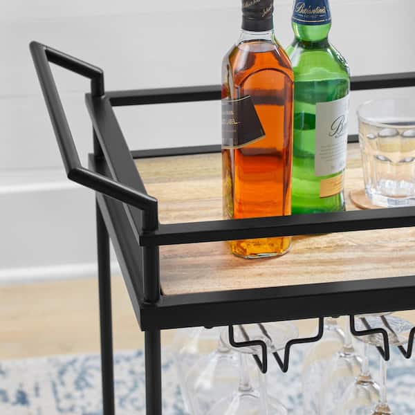 Black Metal Bar Cart with Natural Wood Shelves (26 in. W)
