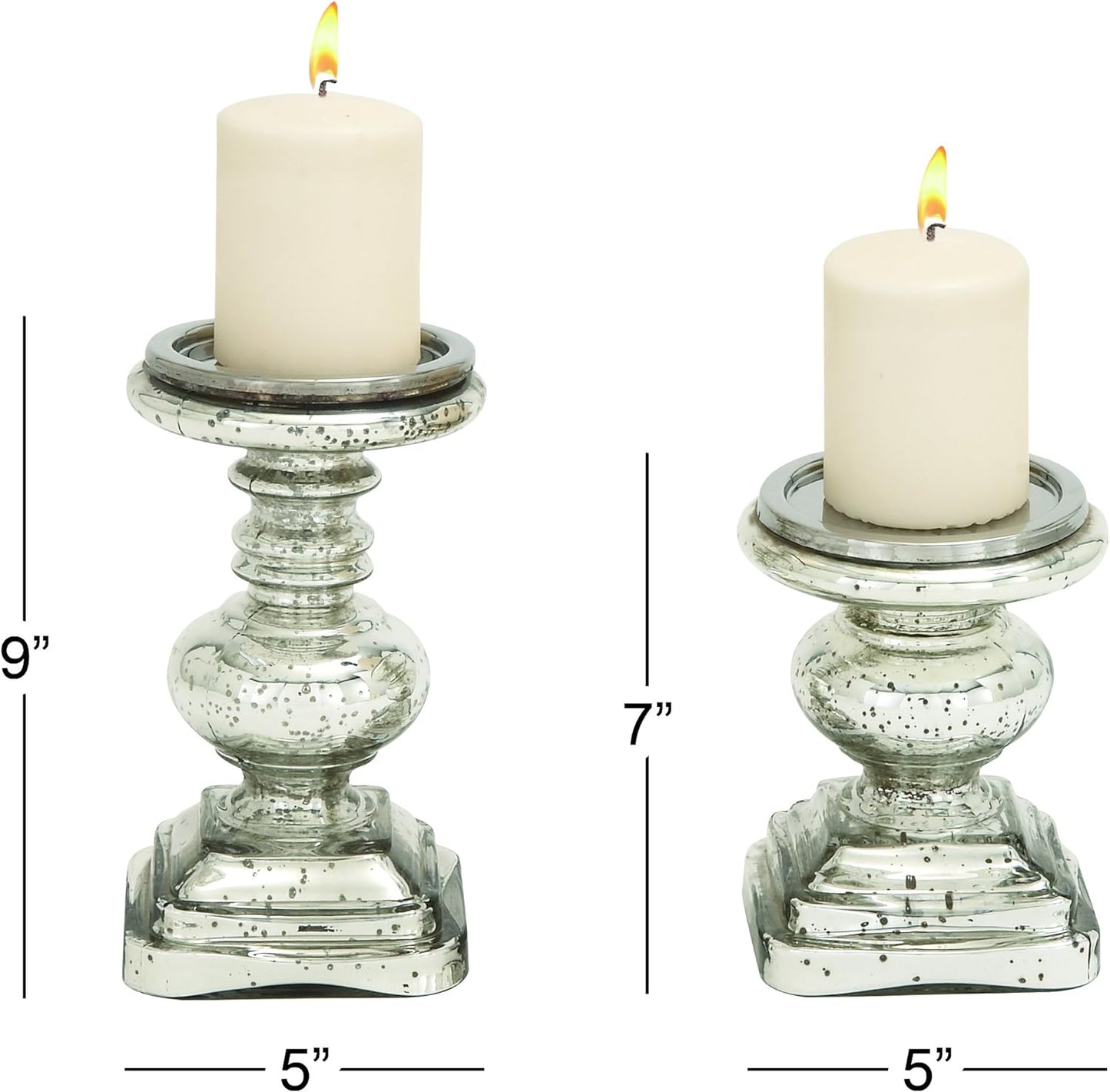 NEW - Deco 79 Glass Handmade Turned Style Pillar Candle Holder with Faux Mercury Glass Finish, Set of 2 9", 7"H, Silver - Retail $29