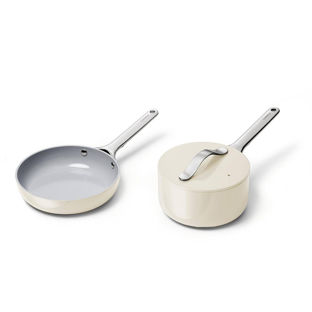 NEW - CARAWAY HOME Non-Stick Ceramic Mini Fry Pan and Mini Sauce + Organizer Pan Duo Cream