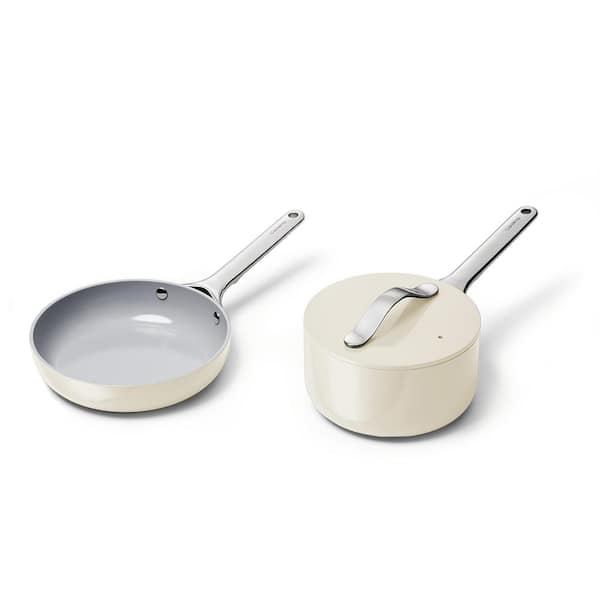 NEW - CARAWAY HOME Non-Stick Ceramic Mini Fry Pan and Mini Sauce + Organizer Pan Duo Cream