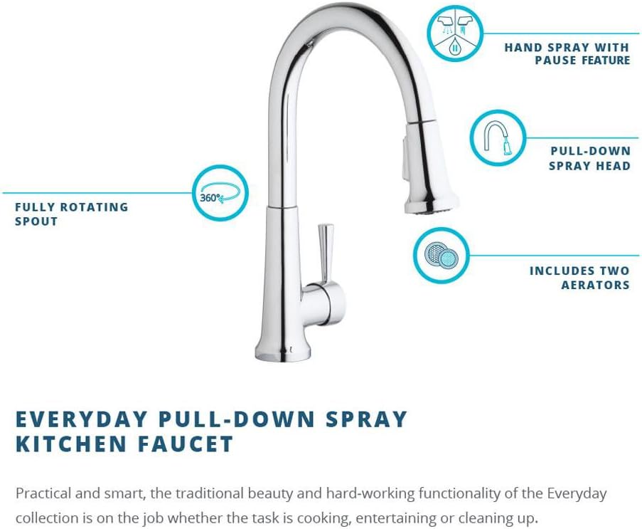 NEW - Elkay Everyday LK6000CR Single Hole Deck Mount Kitchen Faucet with Pull-down Spray and Forward Only Lever Handle, Chrome - Retail $181