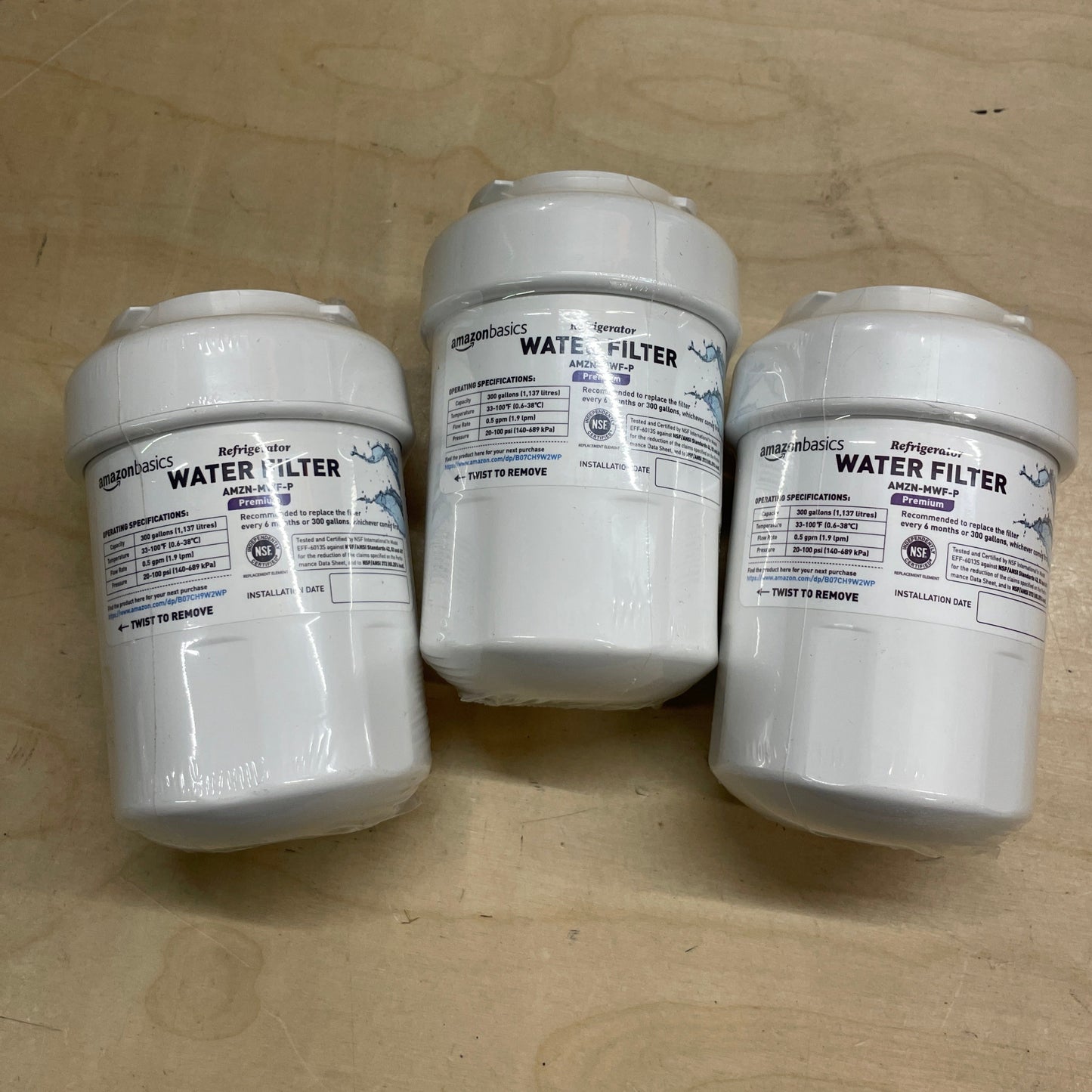 NEW - Amazon Basics Replacement GE MWF Refrigerator Water Filter Cartridge - Pack of 3, Premium Filtration - Retail $65