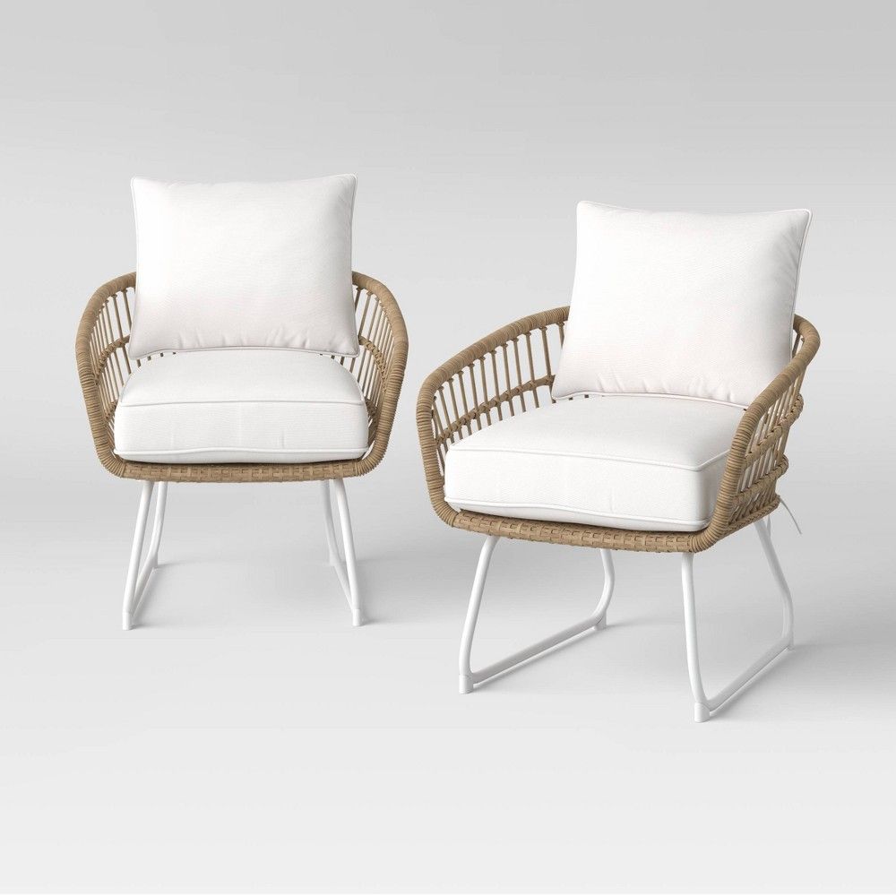 2pc Southport Linen Outdoor Patio Chairs with Metal Legs, Club Chairs Natural/White - Threshold: Wicker Accent, Weather-Resistant