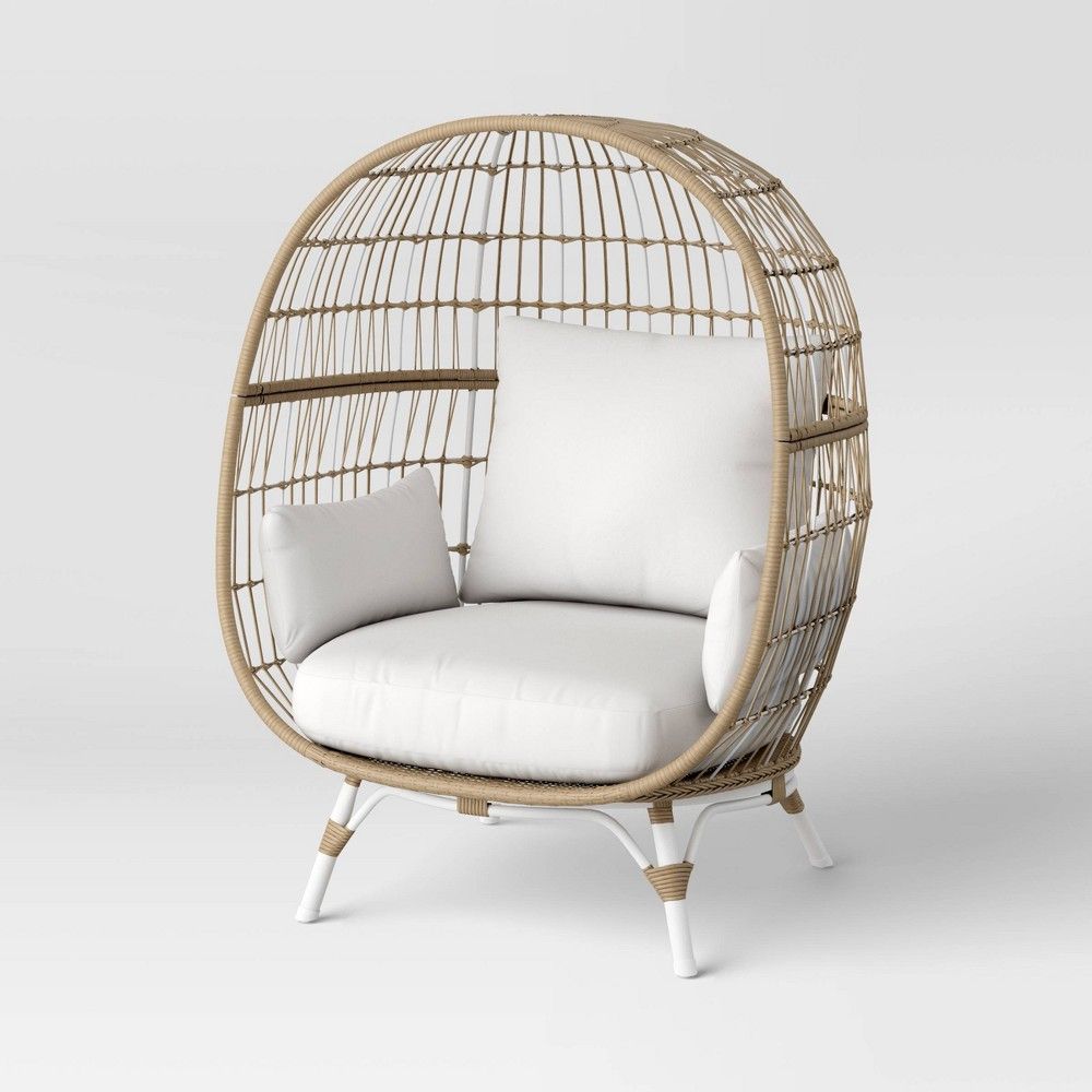 NEW - Southport Outdoor Patio Accent Egg Chair Natural/White - Threshold: Wicker, Steel Frame, Weather-Resistant