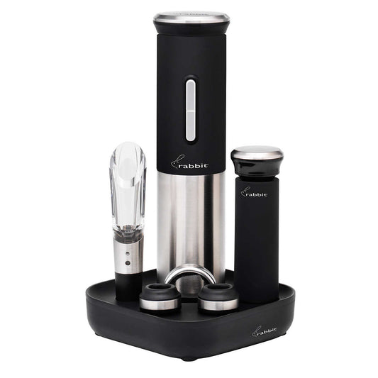 Rabbit Electric Wine Tool Set - 5-Piece Wine Accessory Collection - Aerator, Corkscrew, Cutter, Stoppers, Charging Cables - Retail $39