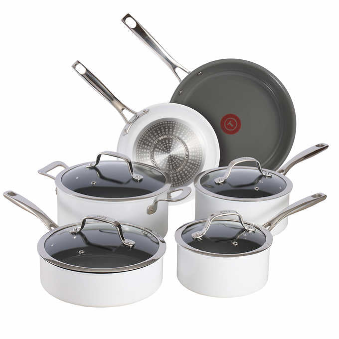 NEW - T-fal WHITE Excellence Ceramic Non-Stick Cookware Set, 10-Piece - Retail $149