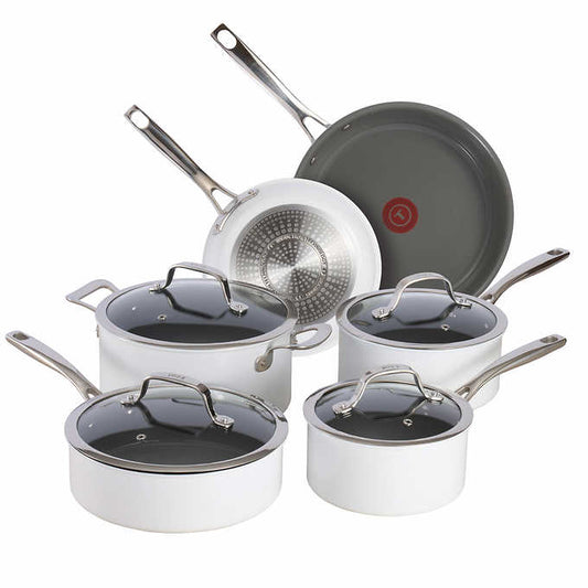 NEW - T-fal WHITE Excellence Ceramic Non-Stick Cookware Set, 10-Piece - Retail $149