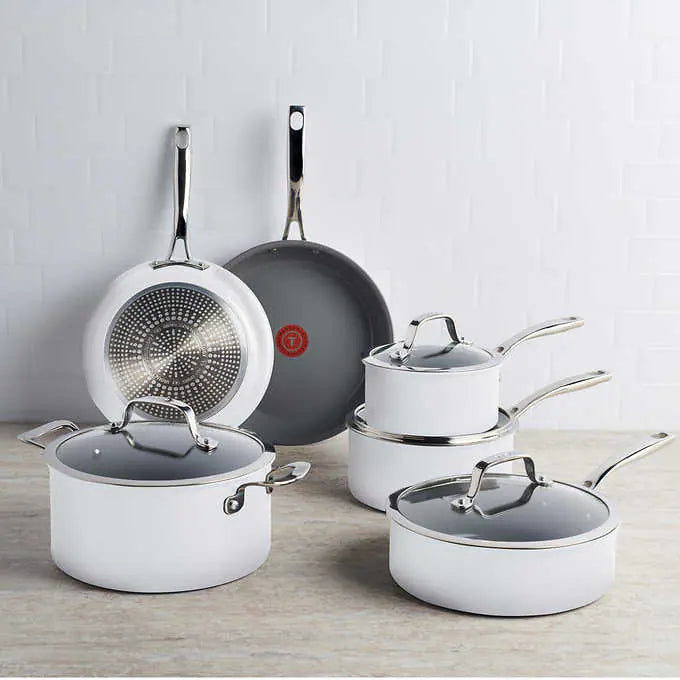 NEW - T-fal WHITE Excellence Ceramic Non-Stick Cookware Set, 10-Piece - Retail $149