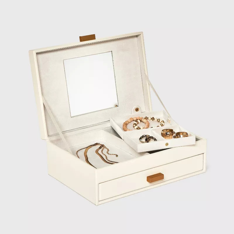 Two Drawer Organizer Jewelry Box - A New Day™ Cream: Polyurethane Storage with Divided Tray, Mirror, Rectangle Shape