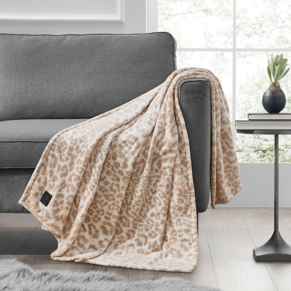 Brookstone - Heated Printed Plush Throw Cheetah Taup Taupe