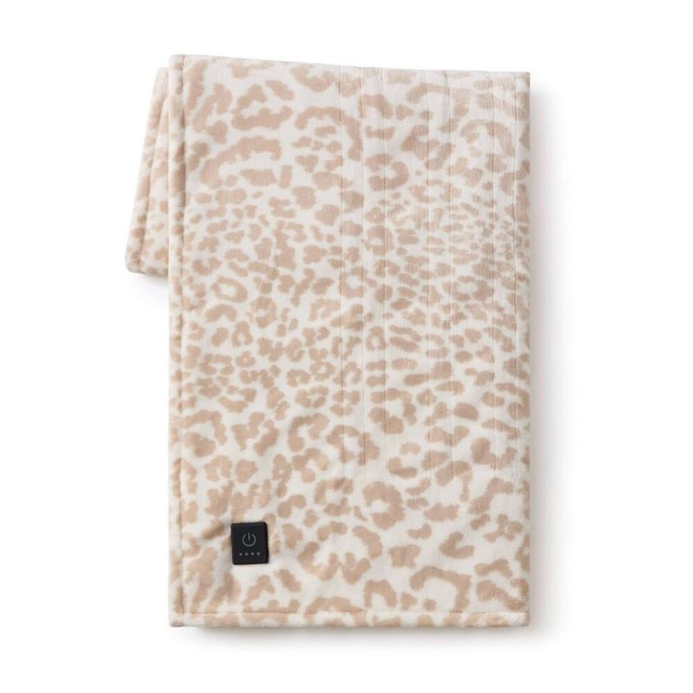 Brookstone - Heated Printed Plush Throw Cheetah Taup Taupe
