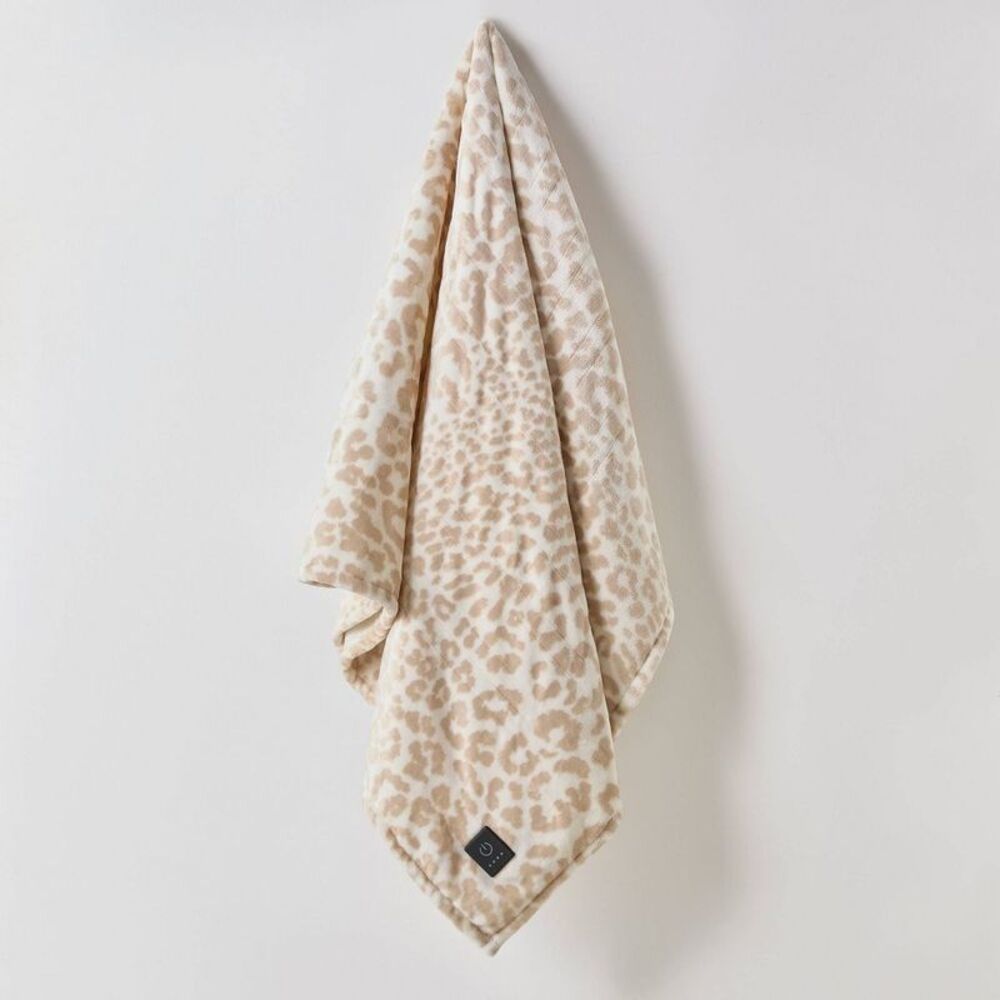 Brookstone - Heated Printed Plush Throw Cheetah Taup Taupe
