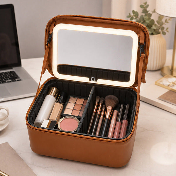 REALHER Lighted Makeup Case, with Removable Lighted Mirror, Brown