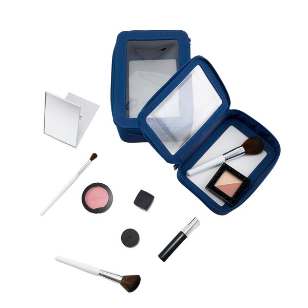 3-Piece Cosmetic Bag Set – Makeup Bag Duo with Compact Mirror, Travel & Everyday Beauty Organizer (Blue)