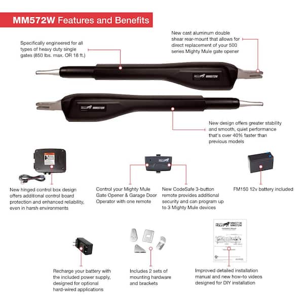 NEW - Mighty Mule Heavy Duty Dual Swing Automatic Gate Opener with Battery, up to 850 lb. per