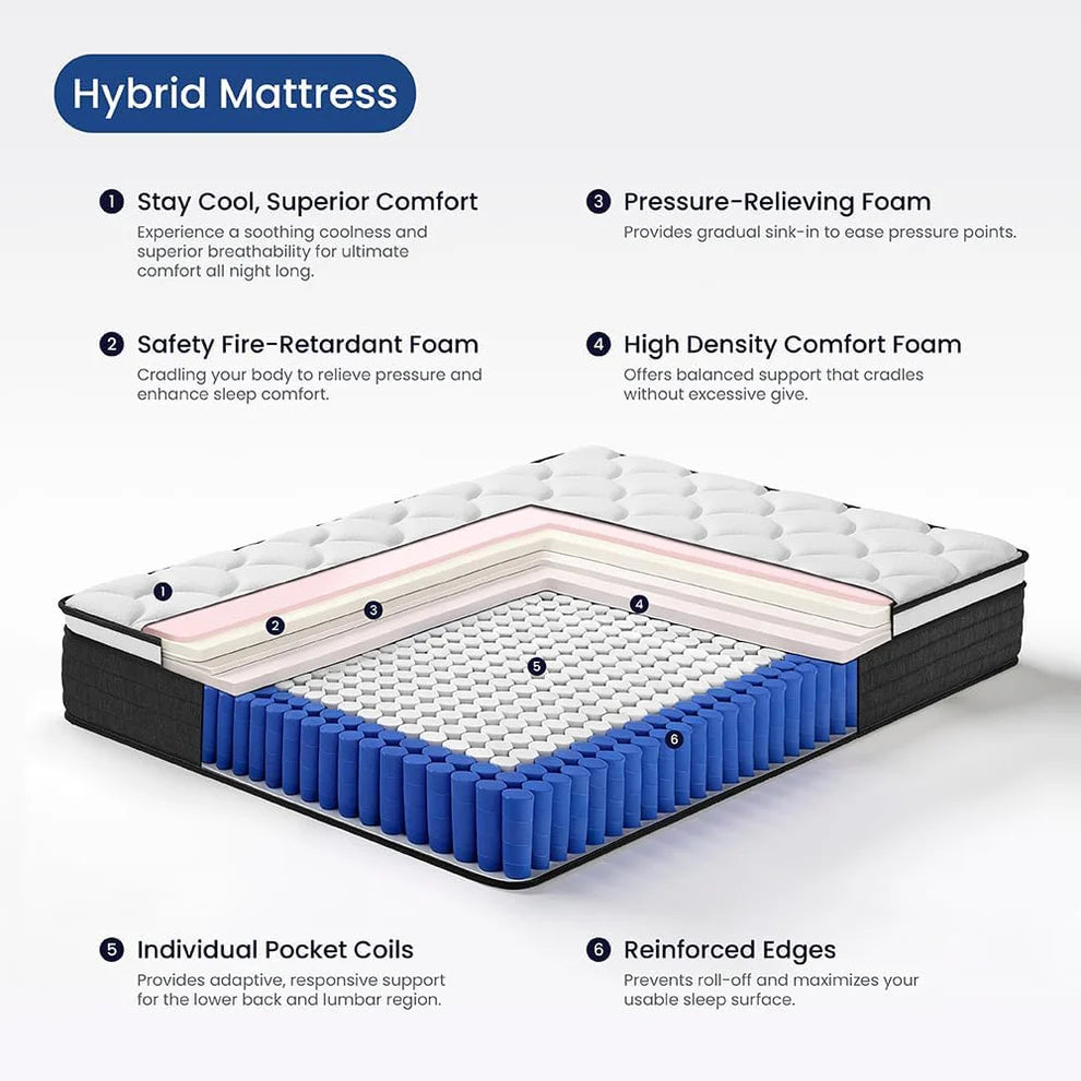 Napnest Full Size Mattress 10 Inch, Hybrid Mattresses Full in a Box, Medium Firm Feel Memory Foam and Individual Pocket Springs Fiberglass Free Bed Mattress