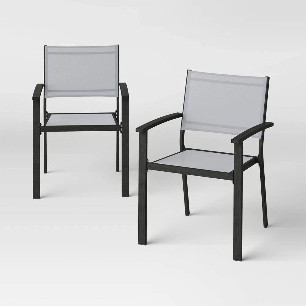 2pc Ryegate Weathered Teak Sling Outdoor Patio Dining Chairs Arm Chairs Gray