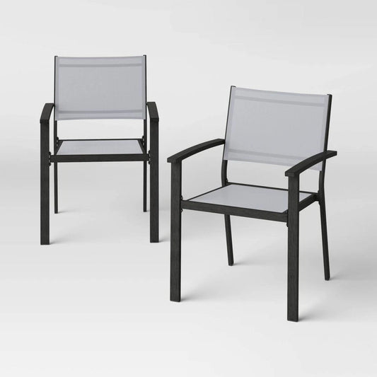 2pc Ryegate Weathered Teak Sling Outdoor Patio Dining Chairs Arm Chairs Gray
