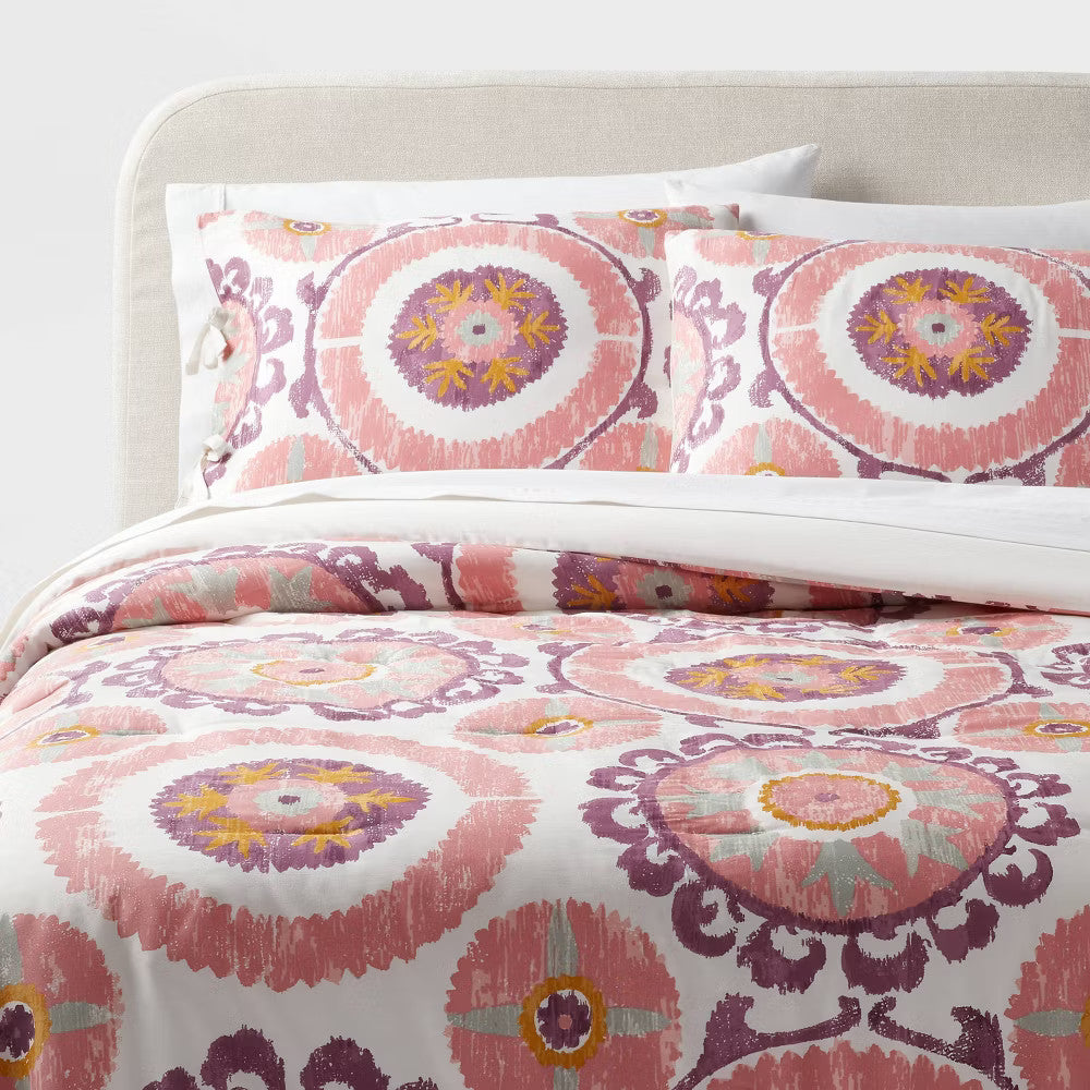 Full/Queen Suzani Print Comforter and Sham Set Ivory/Salmon Orange/Plum Red/Mustard