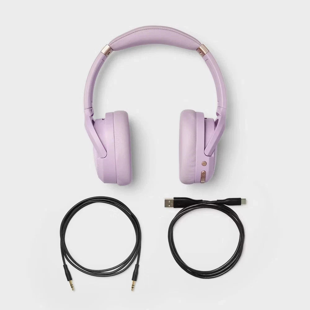 Active Noise Cancelling Bluetooth Wireless Over-Ear Headphones - heyday Pastel Lavender: Hybrid Wired/Wireless, Adjustable Headband