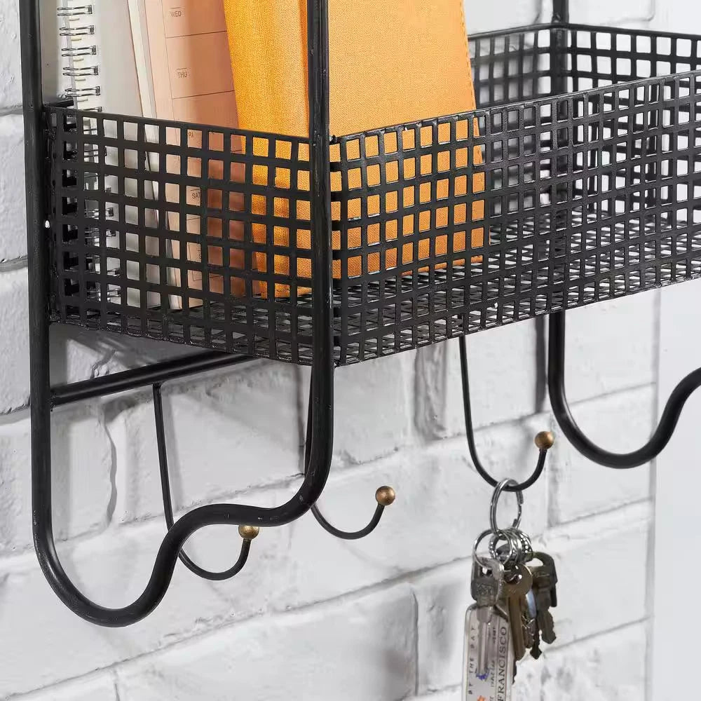 Basket 3 Hooks Wall Organizer Metal Black 20 in. H x 15 in. W x 6 in. D