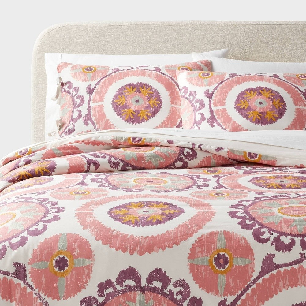 Full/Queen Suzani Print Duvet Cover and Sham Set Ivory/Salmon Orange/Plum Red/Mustard - Threshold: 310 Thread Count Cotton Sateen