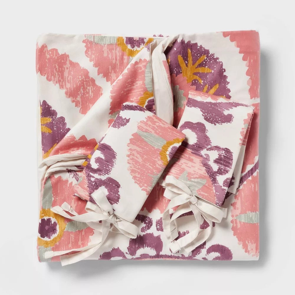 Full/Queen Suzani Print Duvet Cover and Sham Set Ivory/Salmon Orange/Plum Red/Mustard - Threshold: 310 Thread Count Cotton Sateen