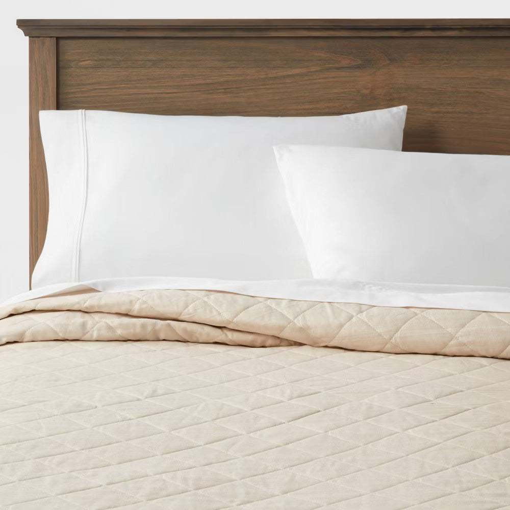 Full/Queen Diamond Stitch Cotton Linen Quilt Khaki - Threshold: OEKO-TEX Certified, Midweight Coverlet