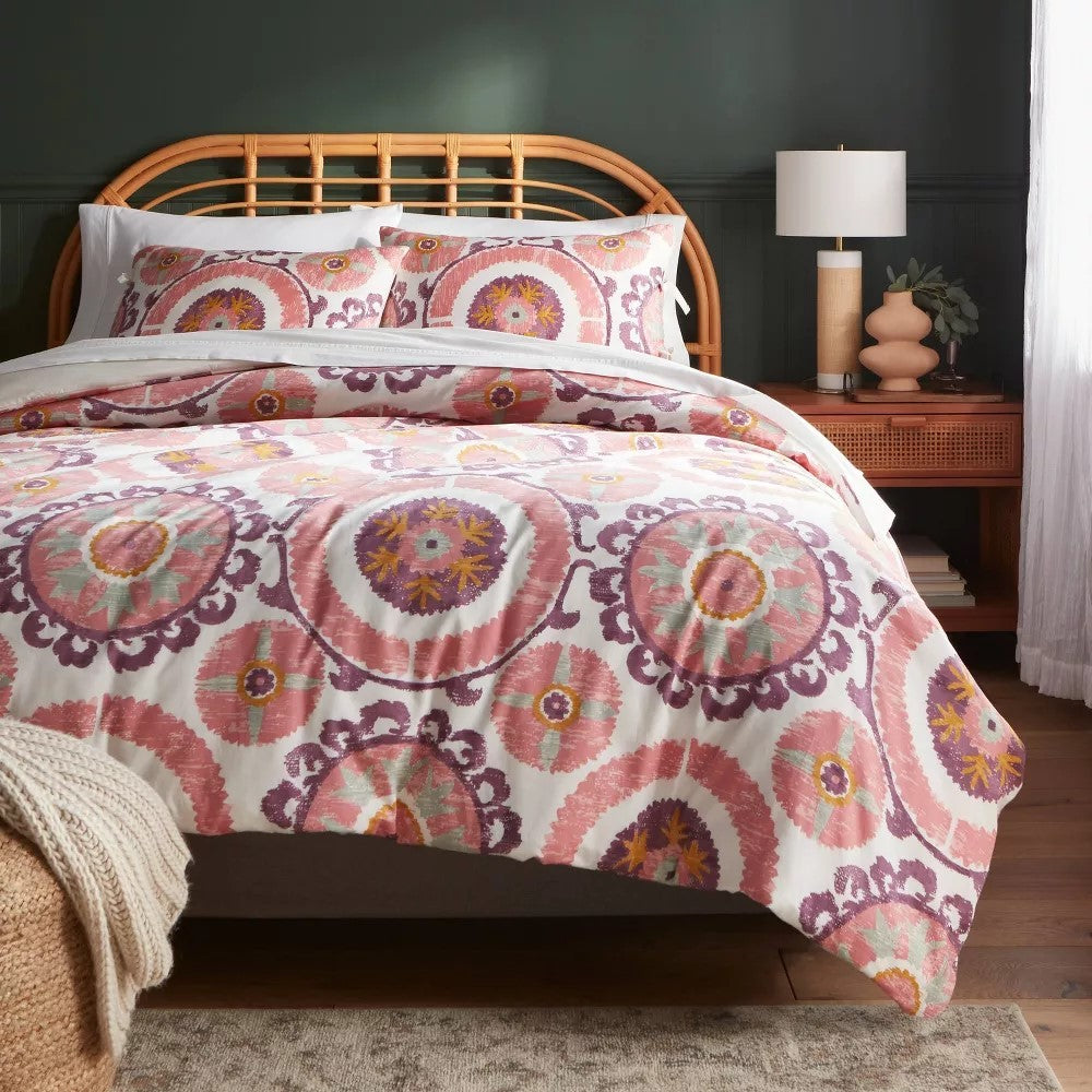 Full/Queen Suzani Print Duvet Cover and Sham Set Ivory/Salmon Orange/Plum Red/Mustard - Threshold: 310 Thread Count Cotton Sateen