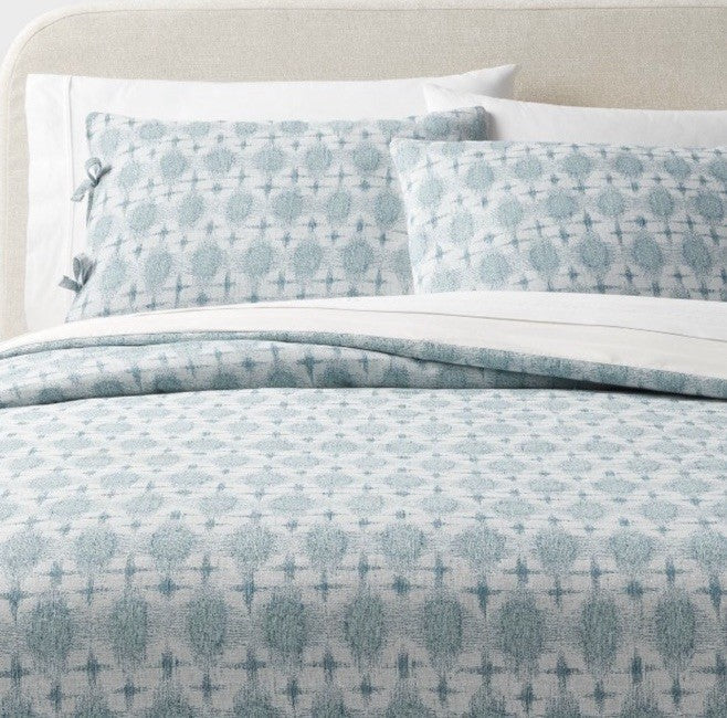 Full/Queen Threshold Yarn Dyed Cotton Ikat Duvet Cover Set Teal Blue
