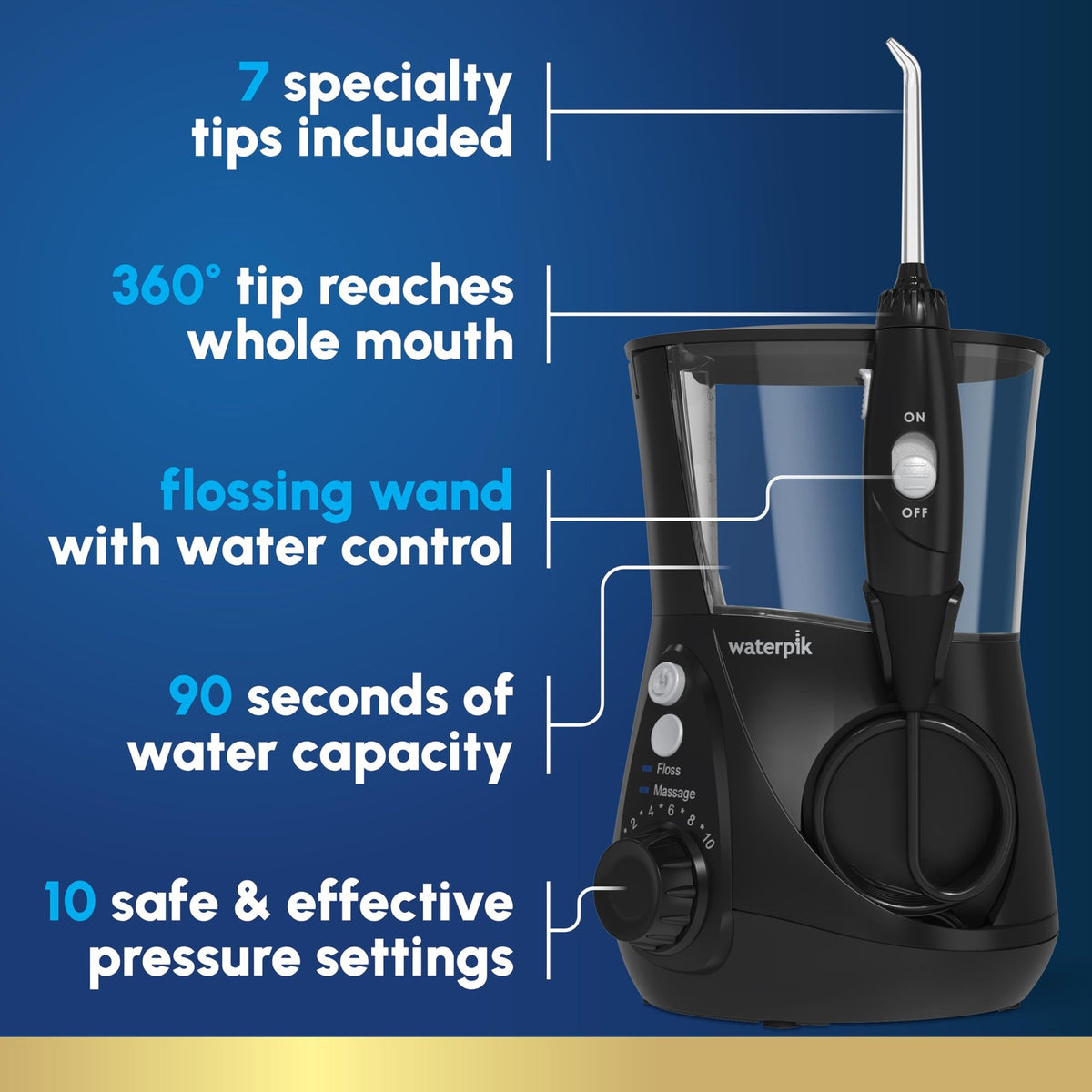 Waterpik Aquarius Countertop Water Flosser WP-662 Black 10 Settings 7 Tips