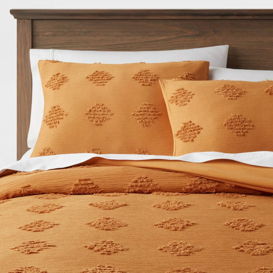 Full/Queen Tufted Diamond Crinkle Duvet Cover and Sham Set Dark Gold - Threshold: Polyester Bedding Set with OEKO-TEX Certification
