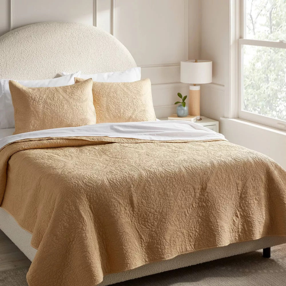 King Garment Washed Paisley Stitch Quilt Wheat - Threshold: Microfiber
