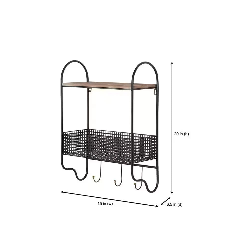 Basket 3 Hooks Wall Organizer Metal Black 20 in. H x 15 in. W x 6 in. D