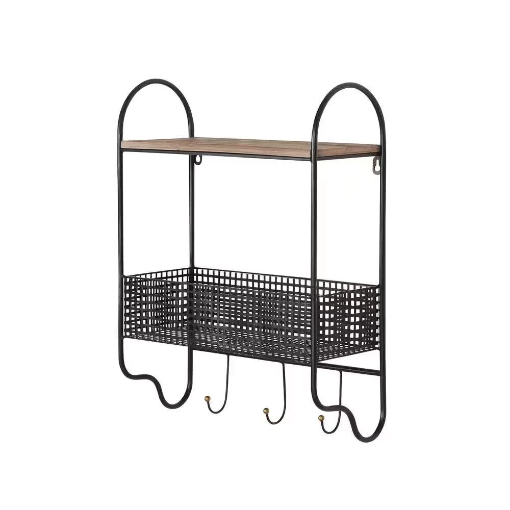 Basket 3 Hooks Wall Organizer Metal Black 20 in. H x 15 in. W x 6 in. D