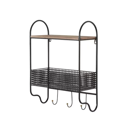 Basket 3 Hooks Wall Organizer Metal Black 20 in. H x 15 in. W x 6 in. D