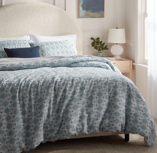 Full/Queen Threshold Yarn Dyed Cotton Ikat Duvet Cover Set Teal Blue