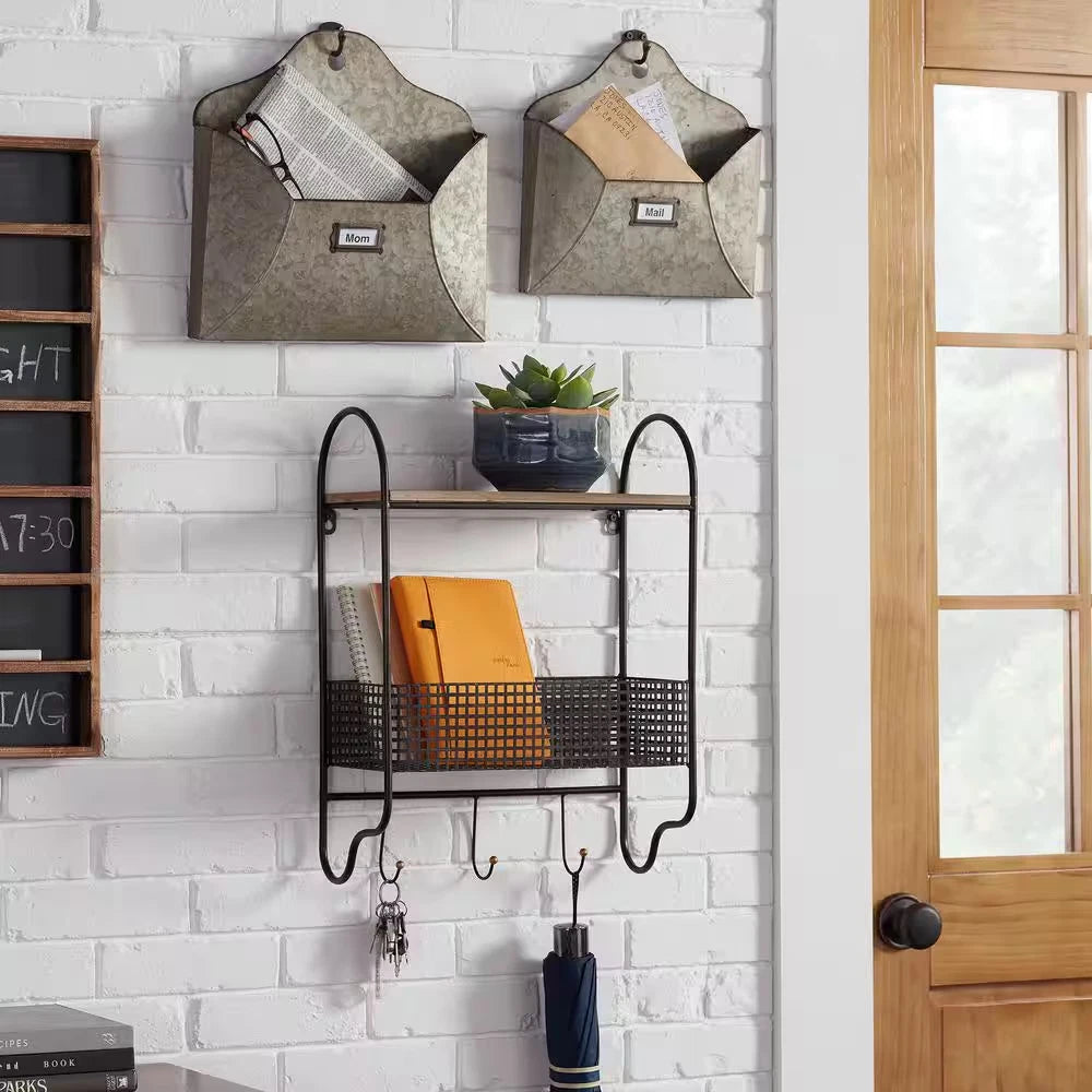 Basket 3 Hooks Wall Organizer Metal Black 20 in. H x 15 in. W x 6 in. D