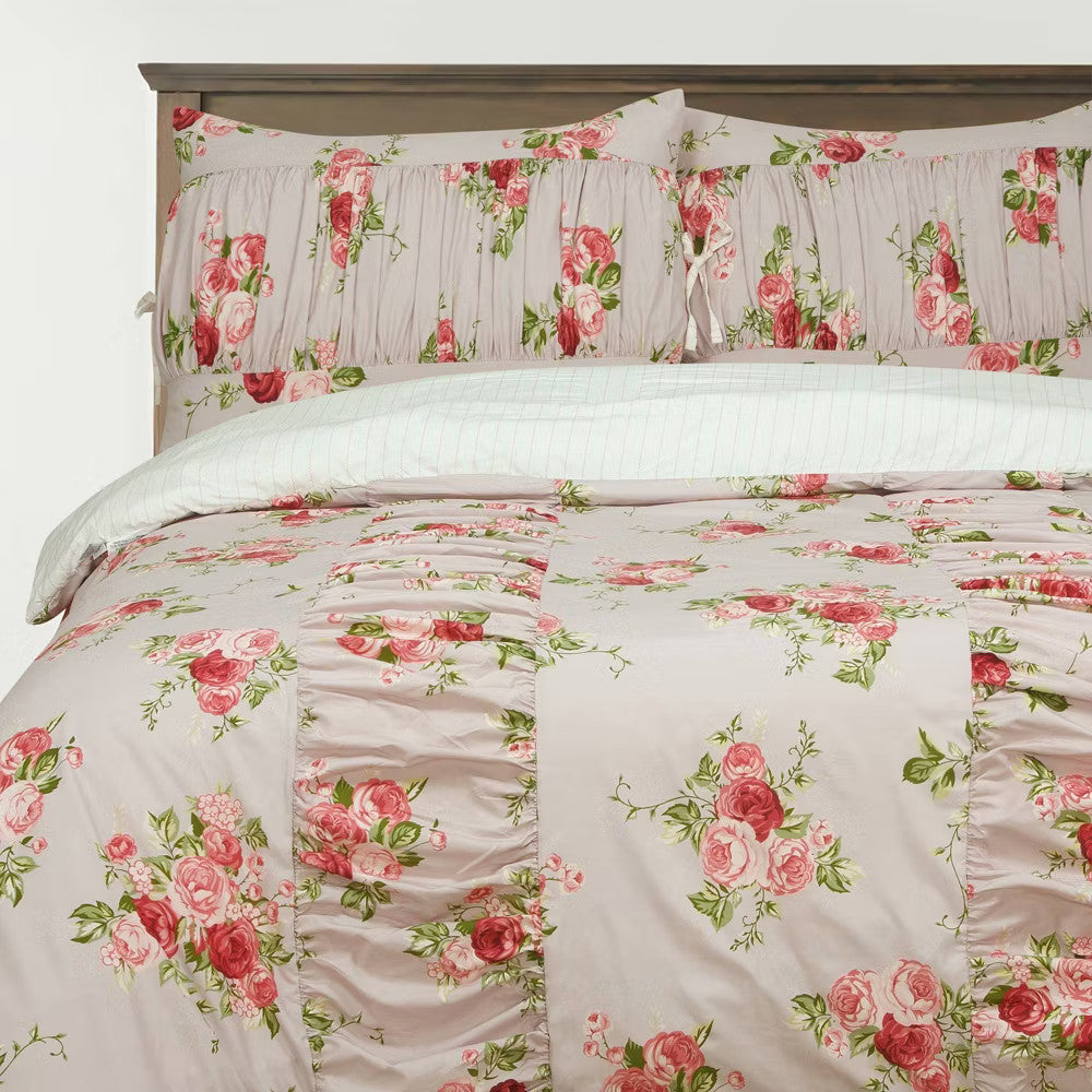 Full/Queen Ruched Comforter Set Pink Floral