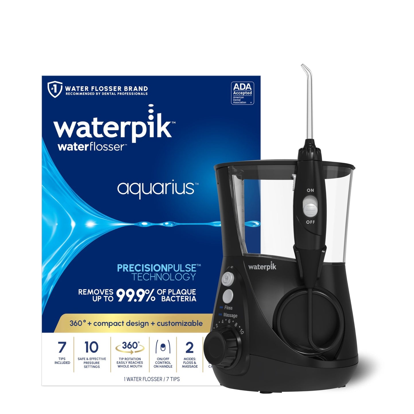 Waterpik Aquarius Countertop Water Flosser WP-662 Black 10 Settings 7 Tips