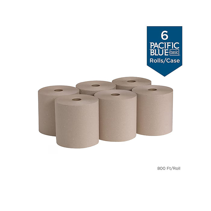 Pacific Blue Basic Recycled Hardwound Paper Towels, 1-ply, 800 ft./Roll, 6 Rolls/Carton (26301)