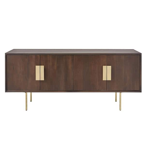 54 in. Mid-Century Modern Walnut Brown Media Cabinet with Gold Metal Accents AC B-0702