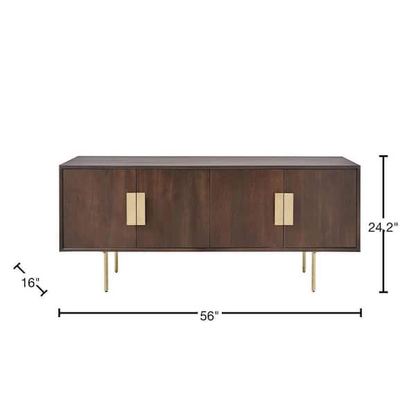 54 in. Mid-Century Modern Walnut Brown Media Cabinet with Gold Metal Accents AC B-0702