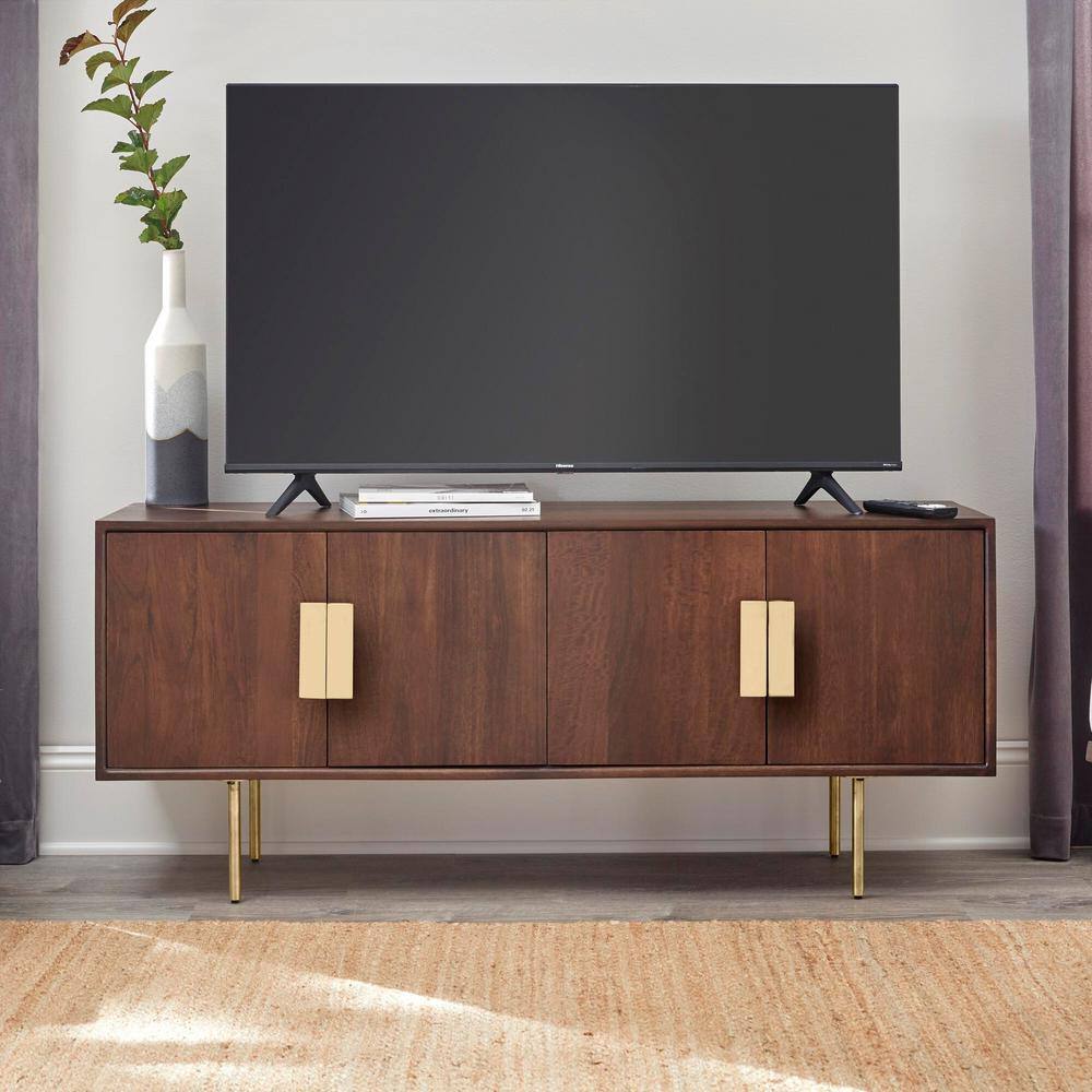 54 in. Mid-Century Modern Walnut Brown Media Cabinet with Gold Metal Accents AC B-0702