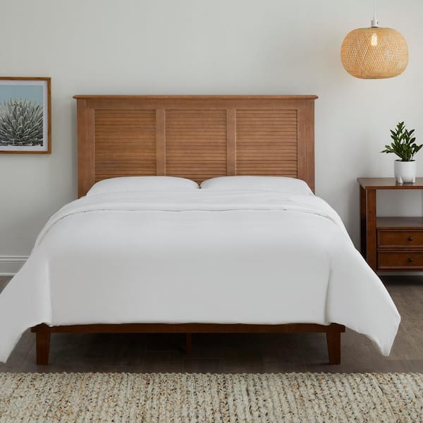 Queen Walnut Brown Wood Bed with Shutter Back (62 in. W x 48 in. H)